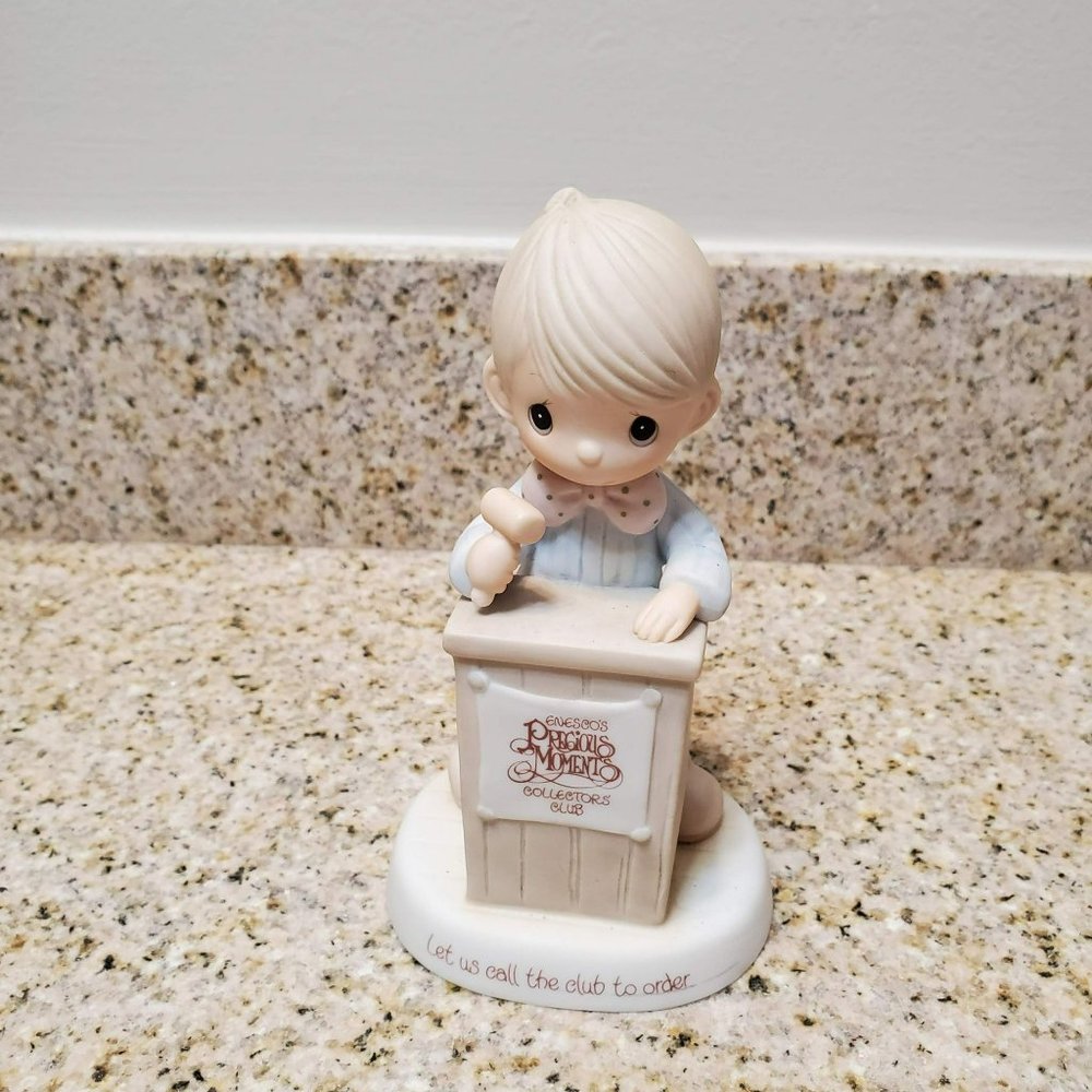 Precious Moments Figurine, Let Us Call the Club to Order, Boy Podium 1983 E-0303